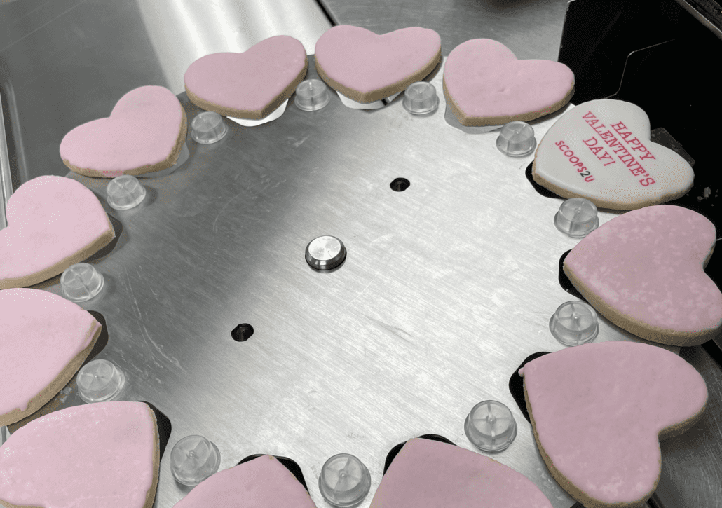 Heart shaped imprinted cookies on cookie printer